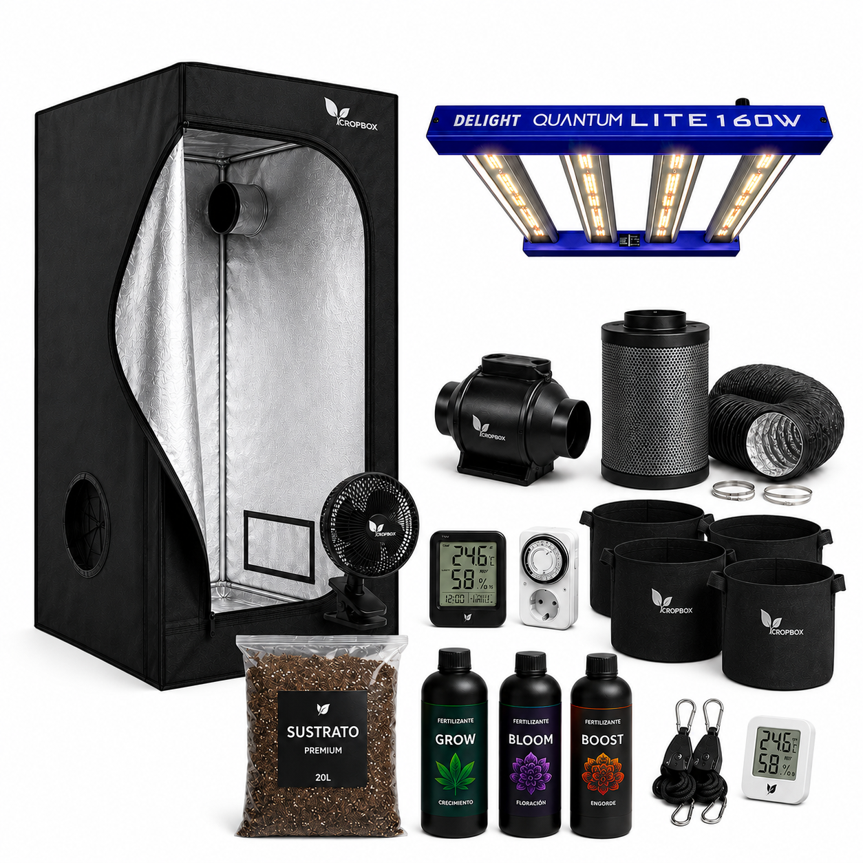 Kit Indoor Completo 80x80 con Panel LED Quantum Lite 160W, Sustrato y Fertilizantes